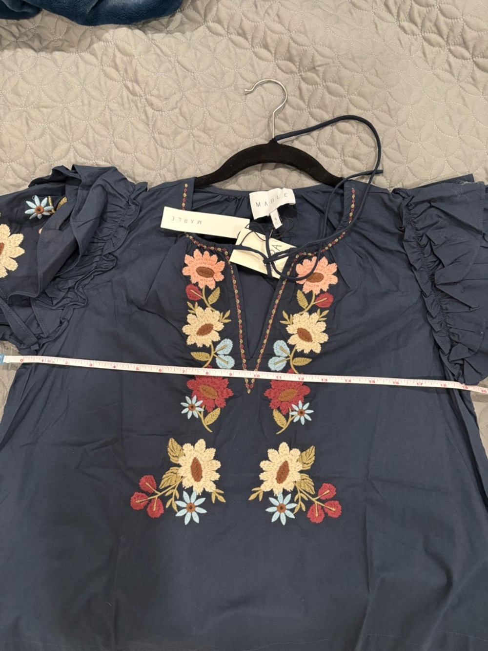 Mable- Navy Floral Embroidered Puff Sleeve Blouse - Picture 4 of 4